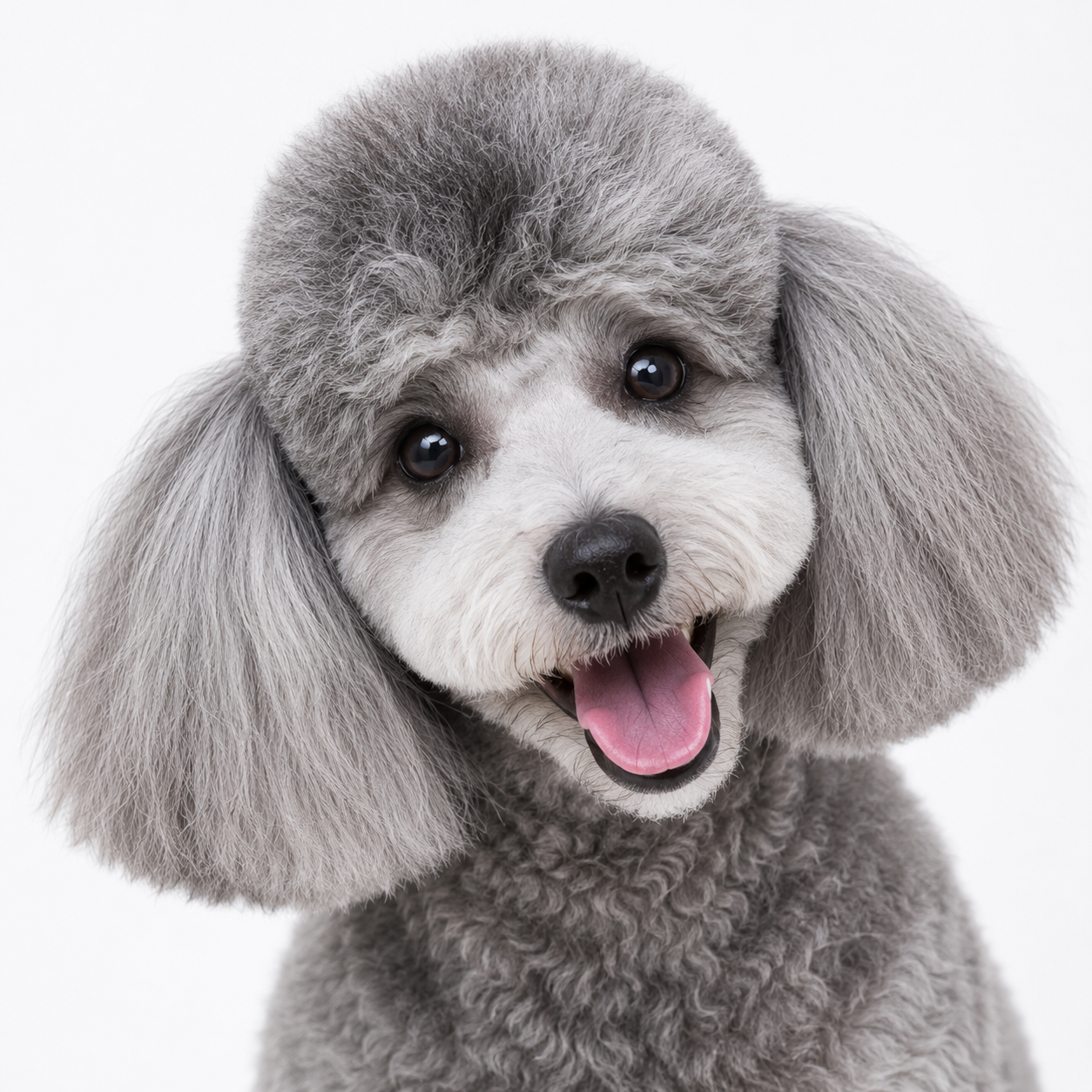 Grey poodle freshly groomed