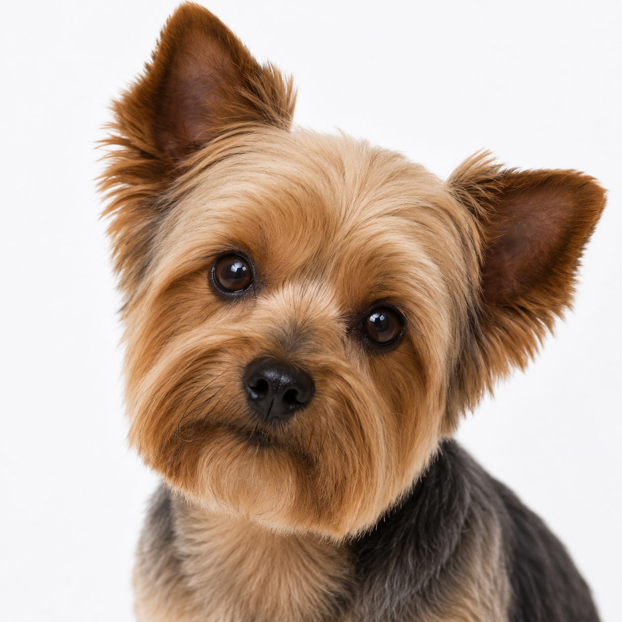 Yorkie with a fresh face trim